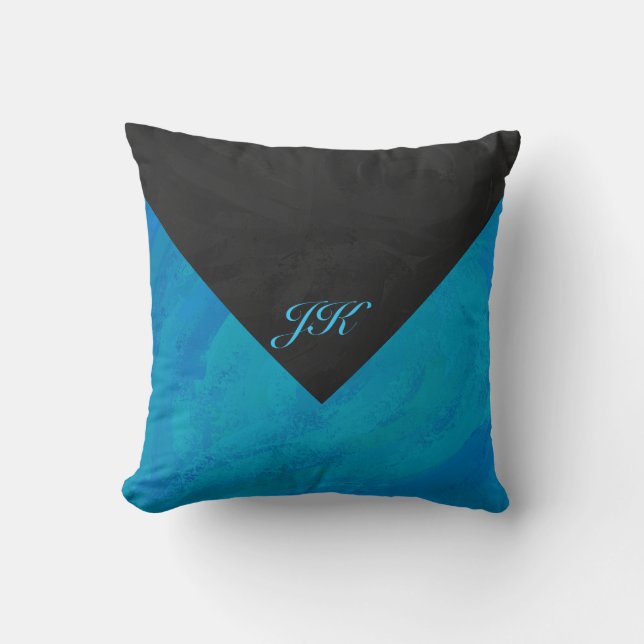 Ocean Blue and Black Monogram Throw Pillow (Front)