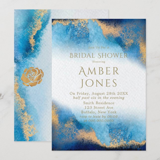 Ocean Blue and Gold Agate Bridal Shower   Invitation (Front/Back)