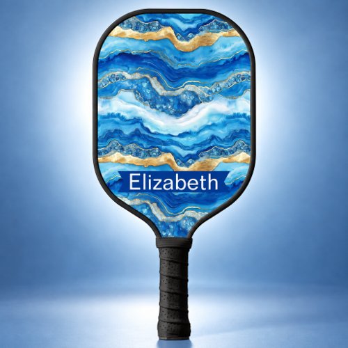 Ocean Blue and Gold Strata Abstract Personalized Pickleball Paddle