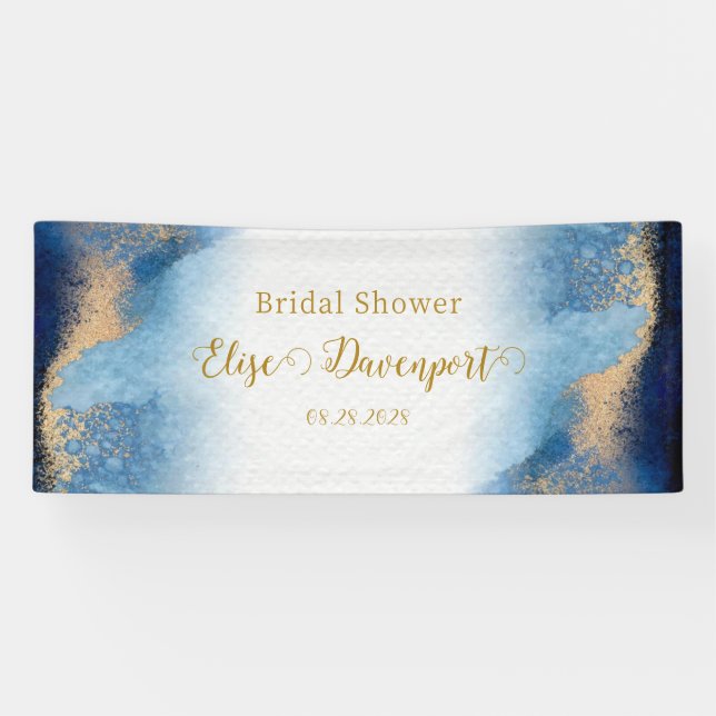 Ocean Blue and Golden Watercolor Bridal Shower Banner (Horizontal)