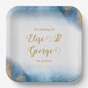 Ocean Blue and Golden Watercolor Wedding Paper Plates