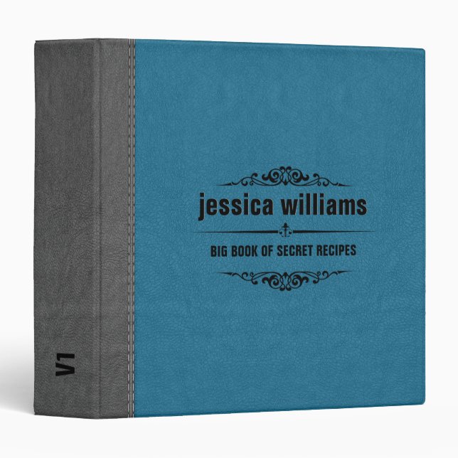 Ocean Blue and Gray Vintage Leather 3 Ring Binder (Front/Spine)