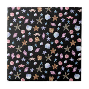 Ocean Blue and Purple Summer Starfish and Seashell Ceramic Tile
