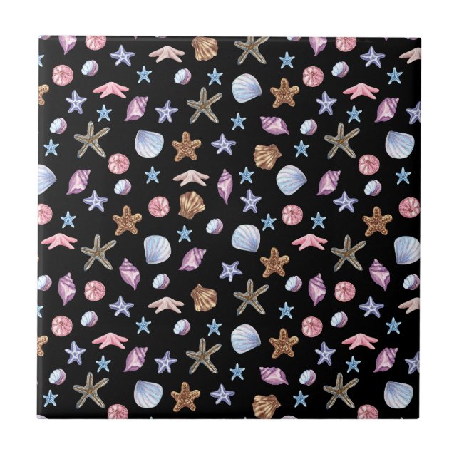 Ocean Blue and Purple Summer Starfish and Seashell Ceramic Tile (Front)