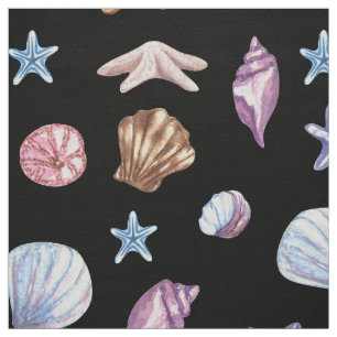 Ocean Blue and Purple Summer Starfish and Seashell Fabric