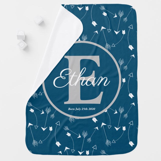 Ocean Blue and White arrows pattern Monogrammed Baby Blanket (In Situ)