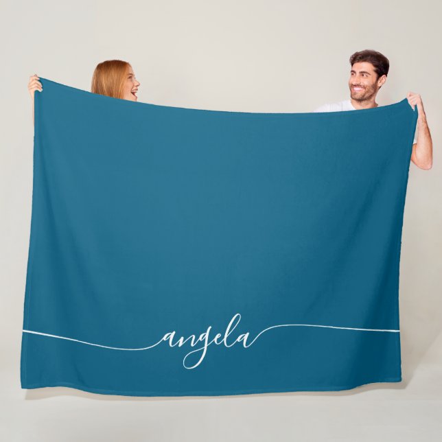 Ocean Blue and White Glam Signature Name Fleece Blanket (In Situ)