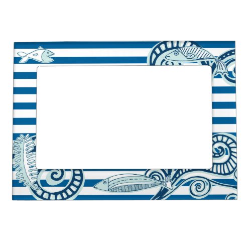 Ocean Blue and White Horizontal Stripe Magnetic Frame