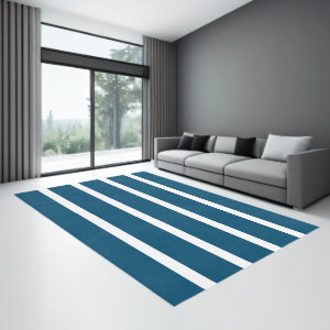 Ocean Blue and White Minimal Wide Stripes Office Rug