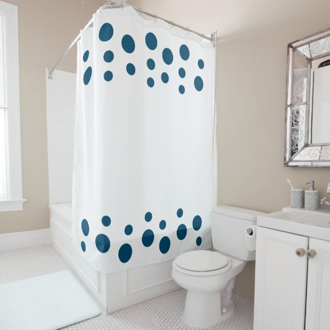 Ocean Blue and white Modern Bubbles Dots Shower Curtain (In Situ)