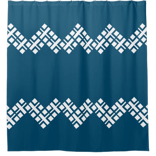 Ocean Blue and White Mono Zig Zag Shower Curtain (Front)
