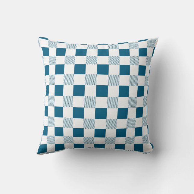 Ocean Blue And White Plaid Throw Pillow (Back)