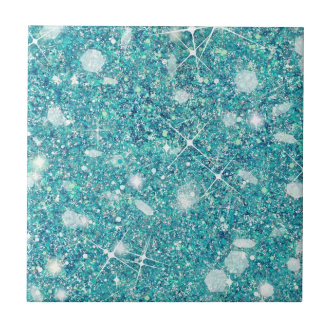Ocean Blue Aqua Color Faux Glitter Solid Ceramic Tile (Front)
