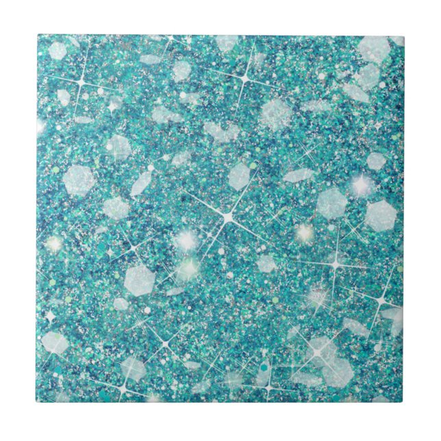 Ocean Blue Aqua Color Faux Glitter Solid Ceramic Tile (Front)