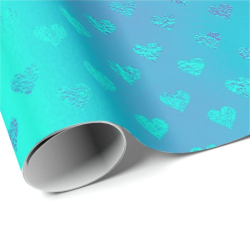 Ocean Blue Aqua Metallic  Hearts  Elegant Confetti Wrapping Paper