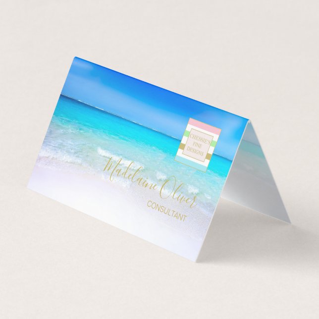 Ocean Blue Aqua Professional Logo Folded  Business Card (Front)