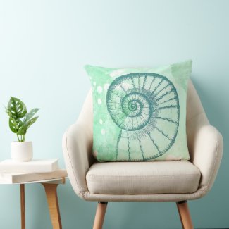 Ocean Blue Beach House Spiral Shell Throw Pillow