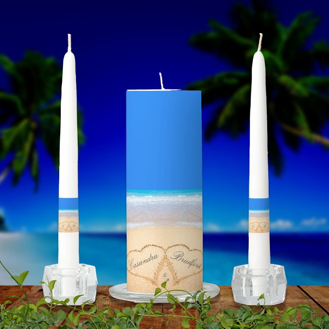 Ocean Blue Beach Wedding 2 Hearts in the Sand Unity Candle Set (Creator Uploaded)