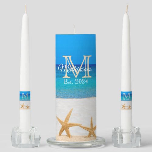 Ocean Blue Beach Wedding 2 Starfish in the Sand Unity Candle Set