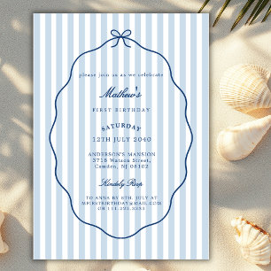 Ocean Blue Bow Stripes Classic Boy Any Birthday Invitation