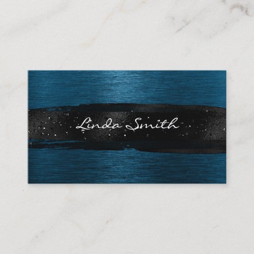 Ocean Blue Brushed Metal Black Brush Strokes Business Card