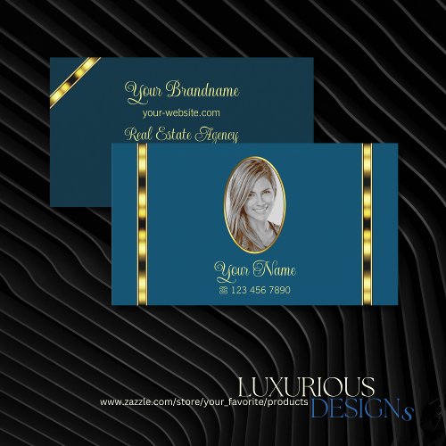 Ocean Blue Chic with Photo Gold Decor Professional Business Card