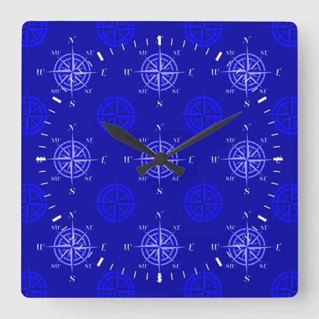 Ocean Blue Compass Rose Square Wall Clock (Front)