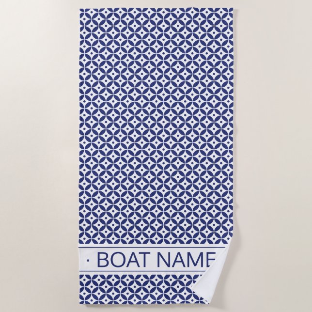 Ocean Blue Custom Boat Name Geometric Pattern Beach Towel (Front)