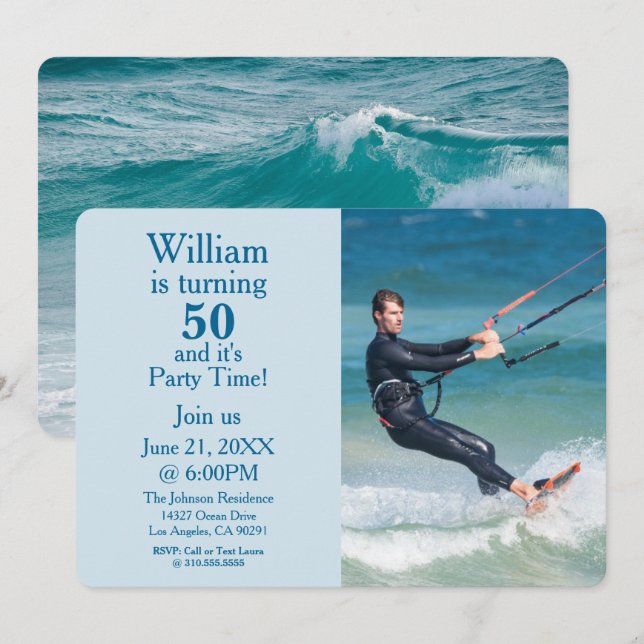 Ocean Blue Custom "Turning 50" Photo Birthday Invitation (Front/Back)