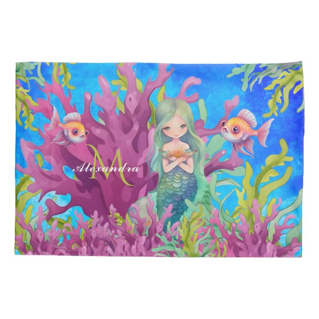 Ocean Blue Cute Monogram Name Mermaid Pillow Case (Back)