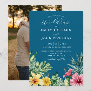 Ocean Blue Elegant Tropical Floral Photo Wedding Invitation