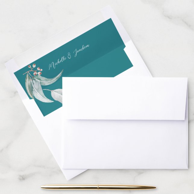 Ocean Blue Eucalyptus Elegant Monogram Wedding Envelope Liner (Desk)