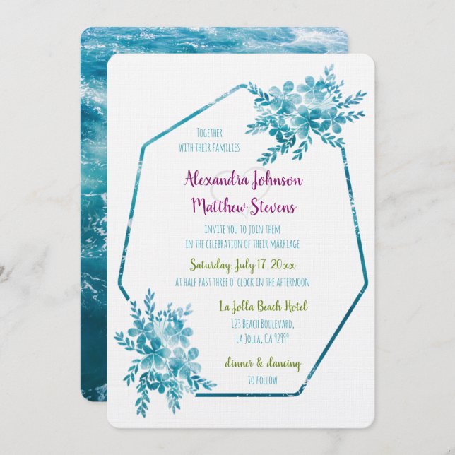 Ocean Blue Floral Beach Wedding Invitation (Front/Back)