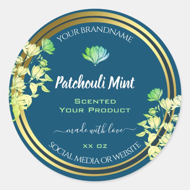 Ocean Blue Floral Product Packaging Labels Gold (Front)