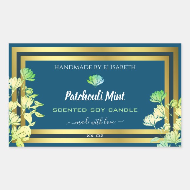 Ocean Blue Floral Product Packaging Labels Gold (Front)