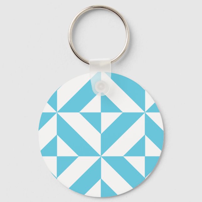 Ocean Blue Geometric Deco Pattern Keychain (Front)