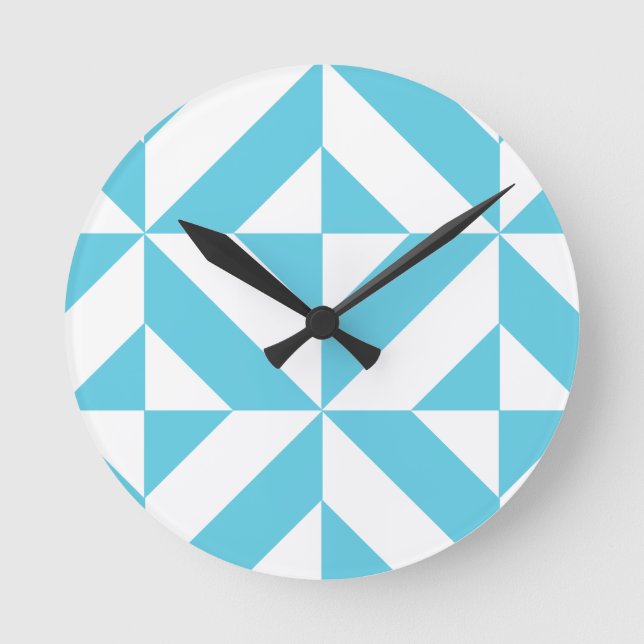 Ocean Blue Geometric Deco Pattern Round Clock (Front)