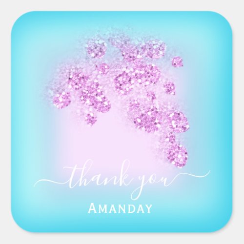 Ocean Blue Glitter Floral Pink Thank You Favor Vip Square Sticker
