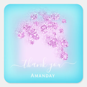 Ocean Blue Glitter Floral Pink Thank You Favor Vip Square Sticker