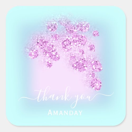 Ocean Blue Glitter Floral Pink Thank You Summer Square Sticker