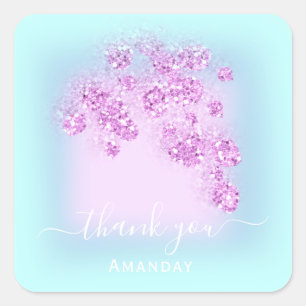 Ocean Blue Glitter Floral Pink Thank You Summer Square Sticker