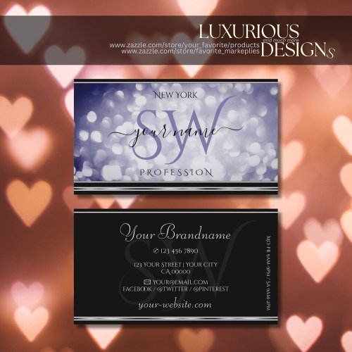 Ocean Blue Glitter Initials Black Silver Border Business Card