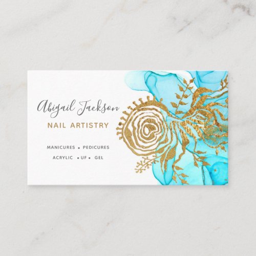 Ocean Blue Gold Abstract Watercolor Nail Artistry Business Card