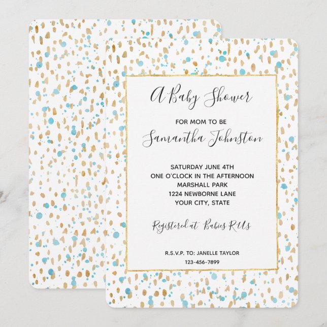 Ocean Blue Gold Confetti Dots Baby Shower Invitation (Front/Back)