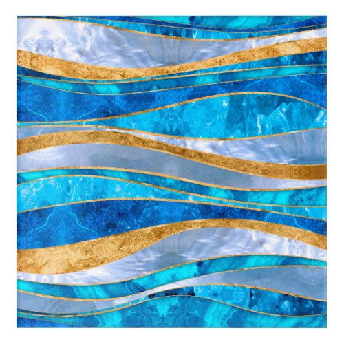 Ocean Blue Gold Metallic Wavy Abstract Acrylic Print