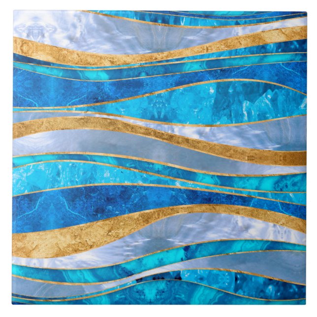 Ocean Blue Gold Metallic Wavy Abstract Ceramic Tile (Front)
