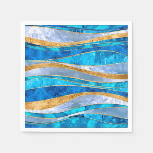Ocean Blue Gold Metallic Wavy Abstract Napkins