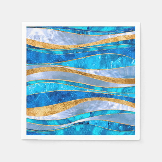 Ocean Blue Gold Metallic Wavy Abstract Napkins (Front)