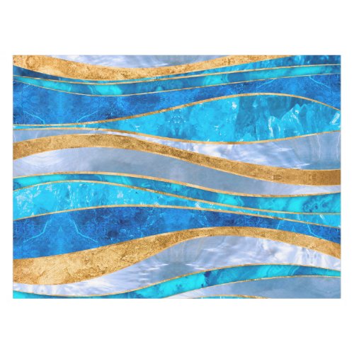 Ocean Blue Gold Metallic Wavy Abstract Tablecloth