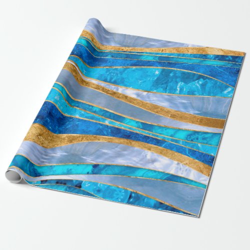 Ocean Blue Gold Metallic Wavy Abstract Wrapping Paper